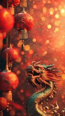 Fototapeta premium Traditional Chinese dragon and lanterns for Lunar New Year. Vertical format for Instagram Stories. 3D rendered oriental dragon with bokeh lights and festive decorations for social media and marketing