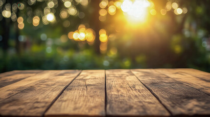 Empty wooden table with blurred park background at sunset