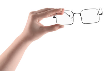 Woman holding glasses with black metal frame on white background, closeup