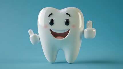 Cartoon tooth with thumbs up promoting dental health and care
