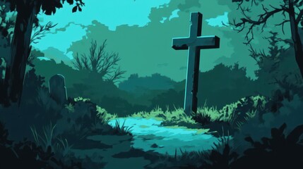 Naklejka premium Stone Cross Stands in a Dark Green Forest Cemetery