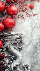 Traditional Chinese dragon and lanterns for Lunar New Year. Vertical format for Instagram Stories. 3D rendered oriental dragon with bokeh lights and festive decorations for social media and marketing