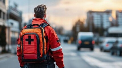 Emergency Responder in Bright Orange Jacket Walking on Urban Street at Sunset with Medical Backpack in Focus
