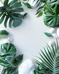 Lush green leaves and smooth stones arranged in a circular pattern on a light background for an elegant natural display