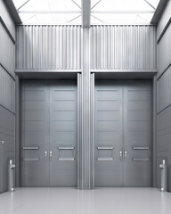 A large industrial factory with corrugated metal walls, wide loading bays