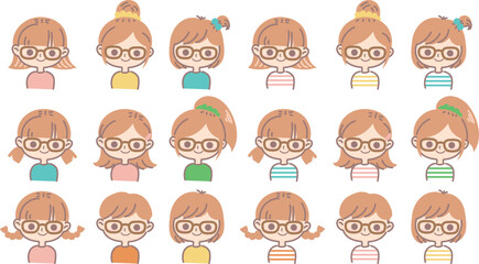 メガネをかけているいろんな髪型の女の子の上半身イラストセット