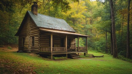 A rustic log cabin nestled in a lush forest, surrounded by vibrant autumn foliage.