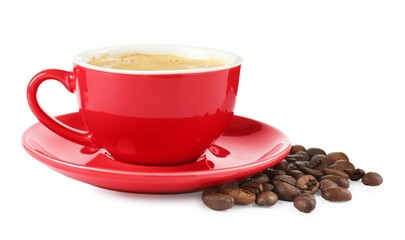Red cup of aromatic coffee, saucer and beans isolated on white