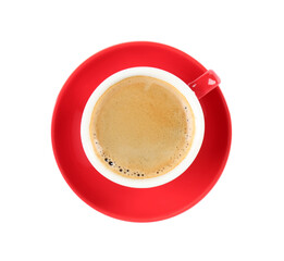 Red cup of aromatic coffee and saucer isolated on white, top view