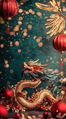 Fototapeta premium Traditional Chinese dragon and lanterns for Lunar New Year. Vertical format for Instagram Stories. 3D rendered oriental dragon with bokeh lights and festive decorations for social media and marketing
