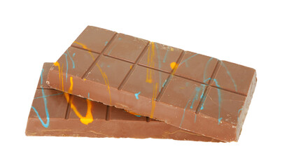 Two Dubai chocolate bars with pistachio and knafeh isolated on white