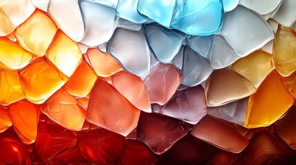 A vibrant array of glass shards displays a stunning gradient of colors