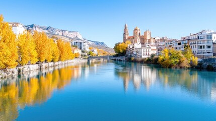 Obraz premium Autumnal River Reflecting Church and Town. Travel, Landscape Photography