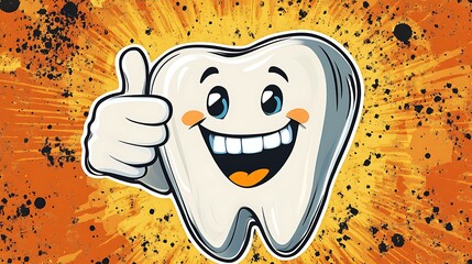 Cartoon tooth giving thumbs up promoting oral health and hygiene