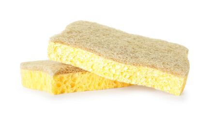 Two yellow sponges isolated on white. Cleaning supply