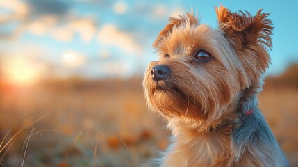 Portrait of cute joyful Yorkshire Terrier, pet dog animal banner with copy space. York portrait