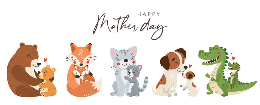 Mom and baby animals collection, mother day, cute animals set vector