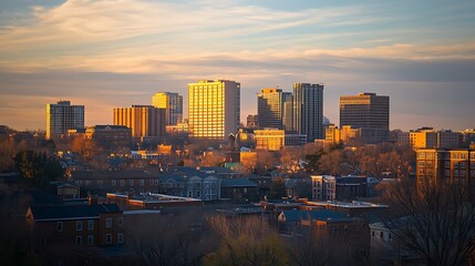 Obraz premium Golden Sunset Over City Skyline Buildings and Homes