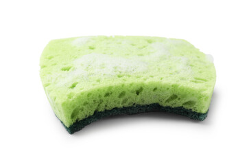 Green sponge and foam isolated on white. Cleaning tool