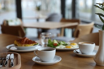 Delicious breakfast served on wooden table in cafe