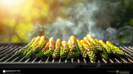 Grilled green asparagus with smoke on a sunny spring day