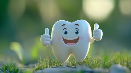 Happy cartoon tooth promoting dental hygiene with a thumbs up