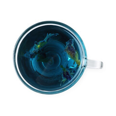 Delicious butterfly pea flower tea isolated on white, top view