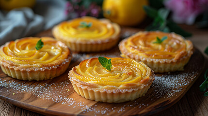 Lemon tarts with mint leaves and powdered sugar on a wooden board
