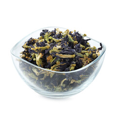 Butterfly pea flower tea. Dry Clitoria ternatea petals in bowl isolated on white