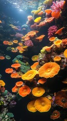 Vibrant Underwater Coral Reef: A Symphony of Colors and Shapes in the Ocean Depths, Showcasing Diverse Marine Life with Intricate Structures. Explore the beauty of aquatic ecosystems!