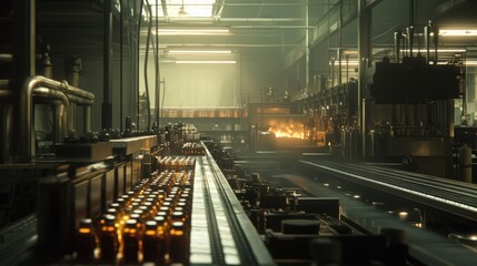 Fototapeta premium Industrial production line with rows of glass bottles moving on conveyor belts inside a factory