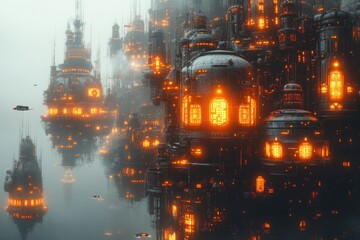 Fototapeta premium Futuristic Cityscapes: Exploring a Glowing Metropolis of Towers and Ships in a Misty Atmosphere, Sci-Fi Architectural Wonders with Orange Lights.