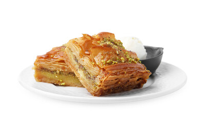 Delicious baklava with crushed nuts and ice cream isolated on white