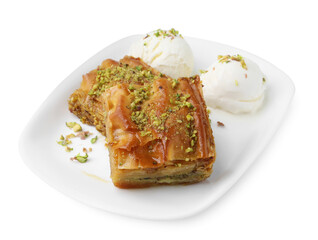 Delicious baklava with crushed nuts and ice cream isolated on white