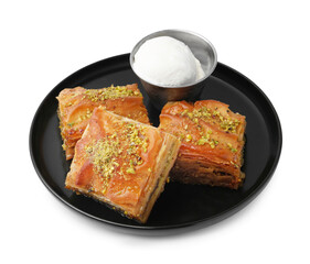 Delicious baklava with crushed nuts and ice cream isolated on white