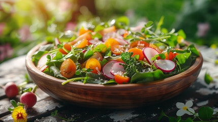 Spring salad with radishes, cherry tomatoes, and herbs