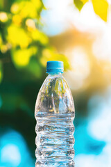 Refreshing Plastic Water Bottle in Sunlit Nature for Hydration and Thirst Quenching Outdoors