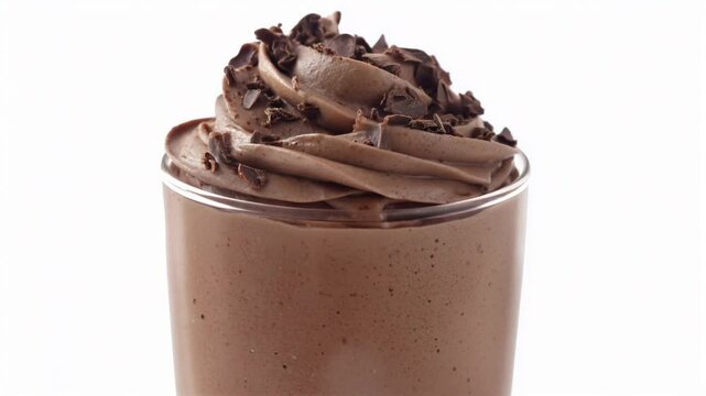 Mocha mousse cocktail in glass. Decorated with whipped cocoa cream. Rotation on white background. Trendy color palette of the year video