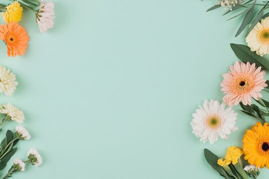 creative flat lay of brightly colored flowers arranged to form smiling face set against smooth pastel background