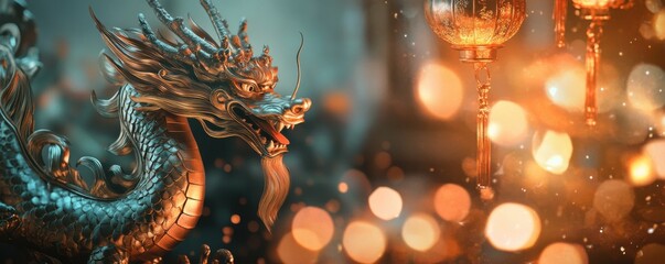 Fototapeta premium Traditional Chinese dragon and lanterns for Lunar New Year. Wide format perfect for web and email banners. 3D rendered oriental dragon with bokeh lights and festive decorations for digital marketing