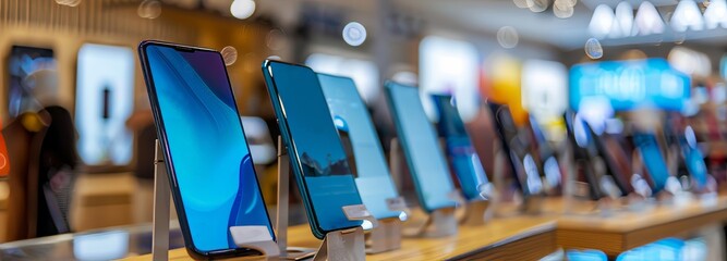 mobile phones or smartphones on the display in the phone store