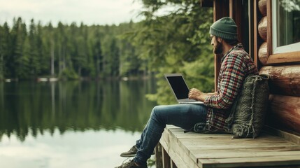 A man sits on a wooden deck overlooking a tranquil lake, working on his laptop.  The serene natural setting provides a peaceful backdrop for his remote work.
