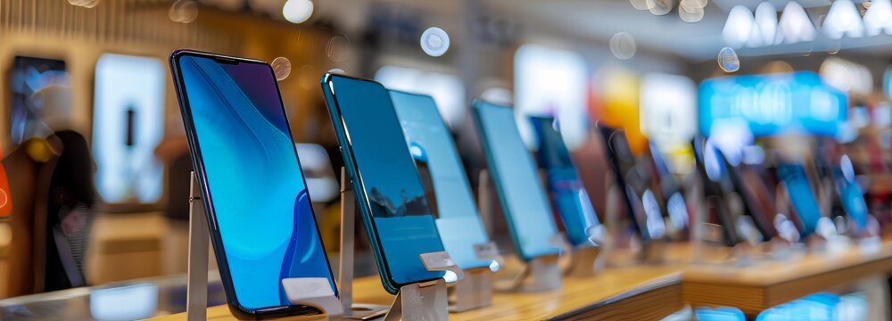mobile phones or smartphones on the display in the phone store