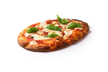 Pinsa romana con mozzarella, sugo, olio di oliva e basilico, cibo italiano 
