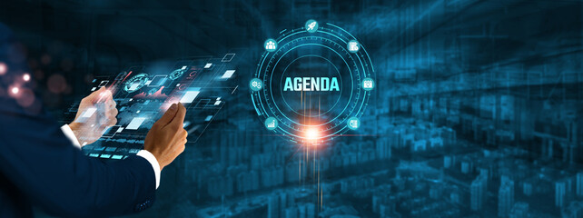 Digital Transformation Agenda: Businessman holding virtual interface panel of digital device on global networking, strategy, innovation, collaboration, and technology in futuristic.