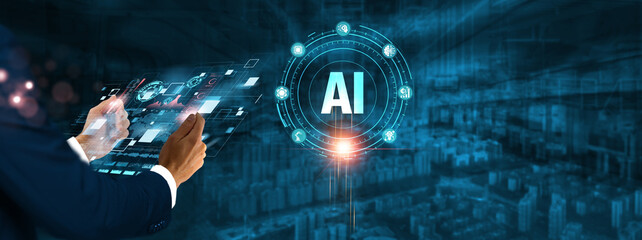 AI (Artificial Intelligence): Businessman holding virtual interface panel of digital device on global networking, machine learning, data processing, neural networks, and AI technology in futuristic.