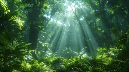 Obraz premium Sunbeams Illuminate Lush Tropical Rainforest Canopy