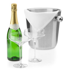 Bottle of champagne, empty glasses and ice bucket isolated on white