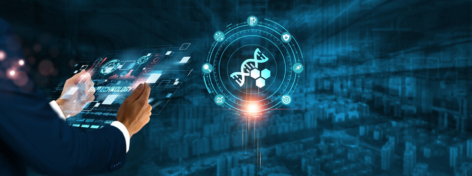 Biotechnology: Businessman holding virtual interface panel of digital device on global networking, genetic engineering, sustainability, medical research, and biotechnological technology in futuristic. - Powered by Adobe
