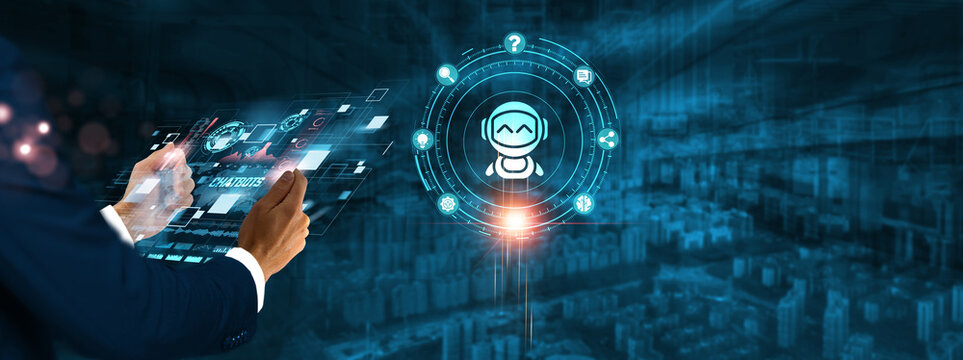 Chatbots: Businessman holding virtual interface panel of digital device on global networking, artificial intelligence, customer support, machine learning, and conversational technology in futuristic.